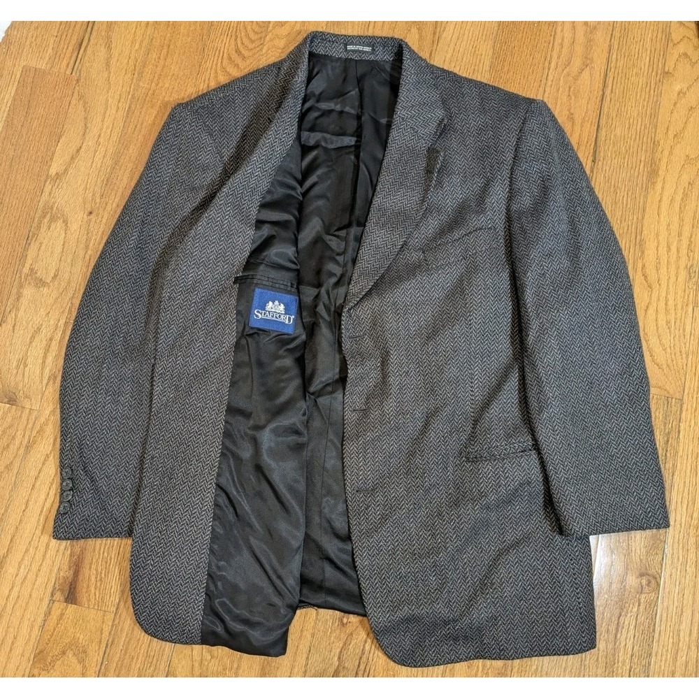 Old Money Herringbone Wool Blazer 46R Stafford Tailored Preppy Sport Coat - Picture 1 of 11